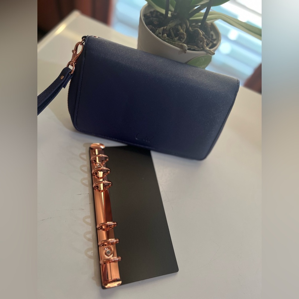 Navy blue and rose gold planner wallet with removable rings size A6